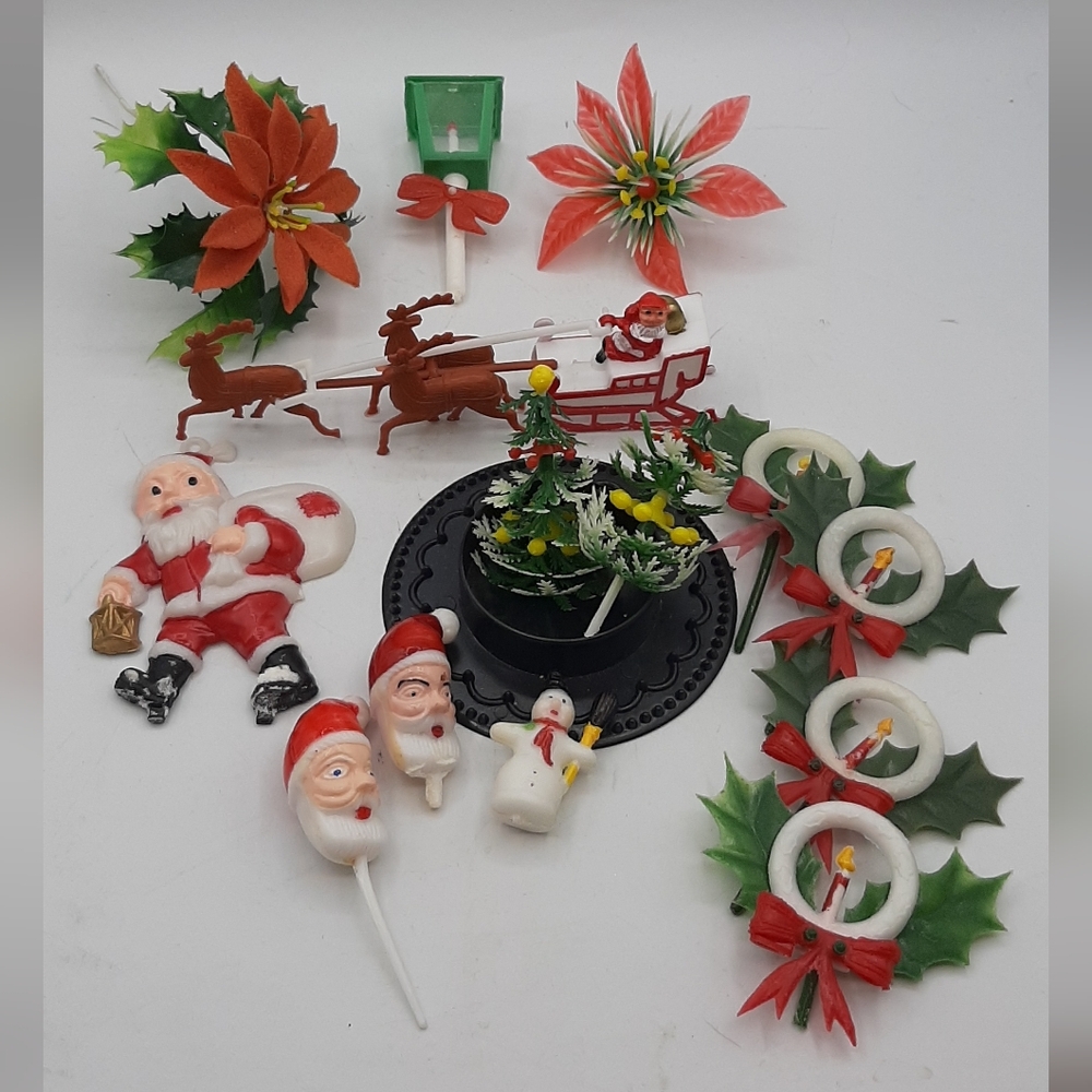 Vintage Hard Plastic Santa Sleigh Reindeer Christmas Decor Ornament Cake Toppers